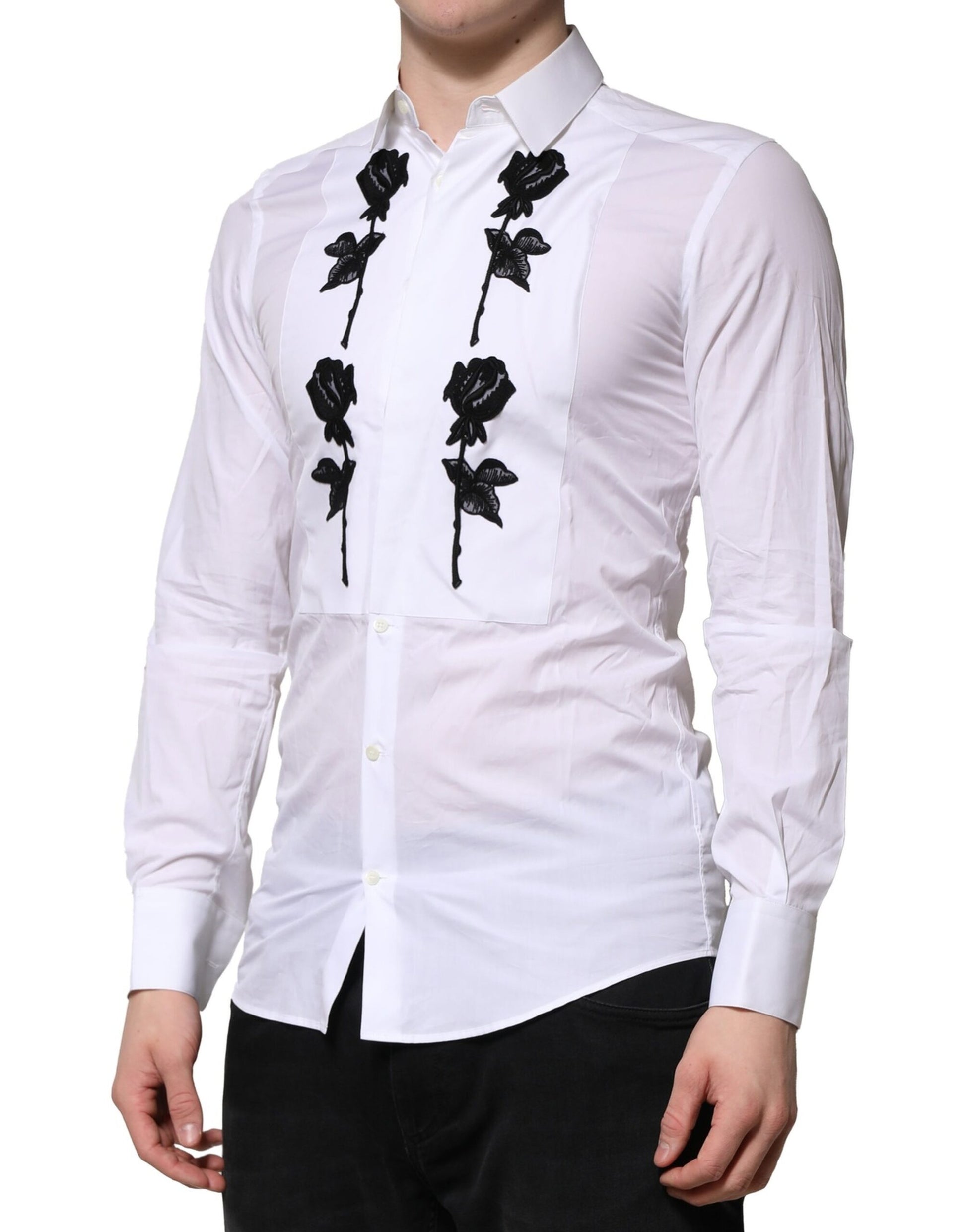 White Floral Embroidery Men GOLD Formal Shirt