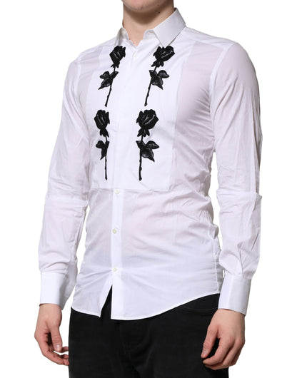 White Floral Embroidery Men GOLD Formal Shirt