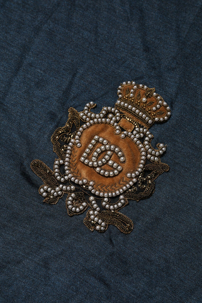 Dark Blue Silk Logo Patch Crew Neck T-shirt