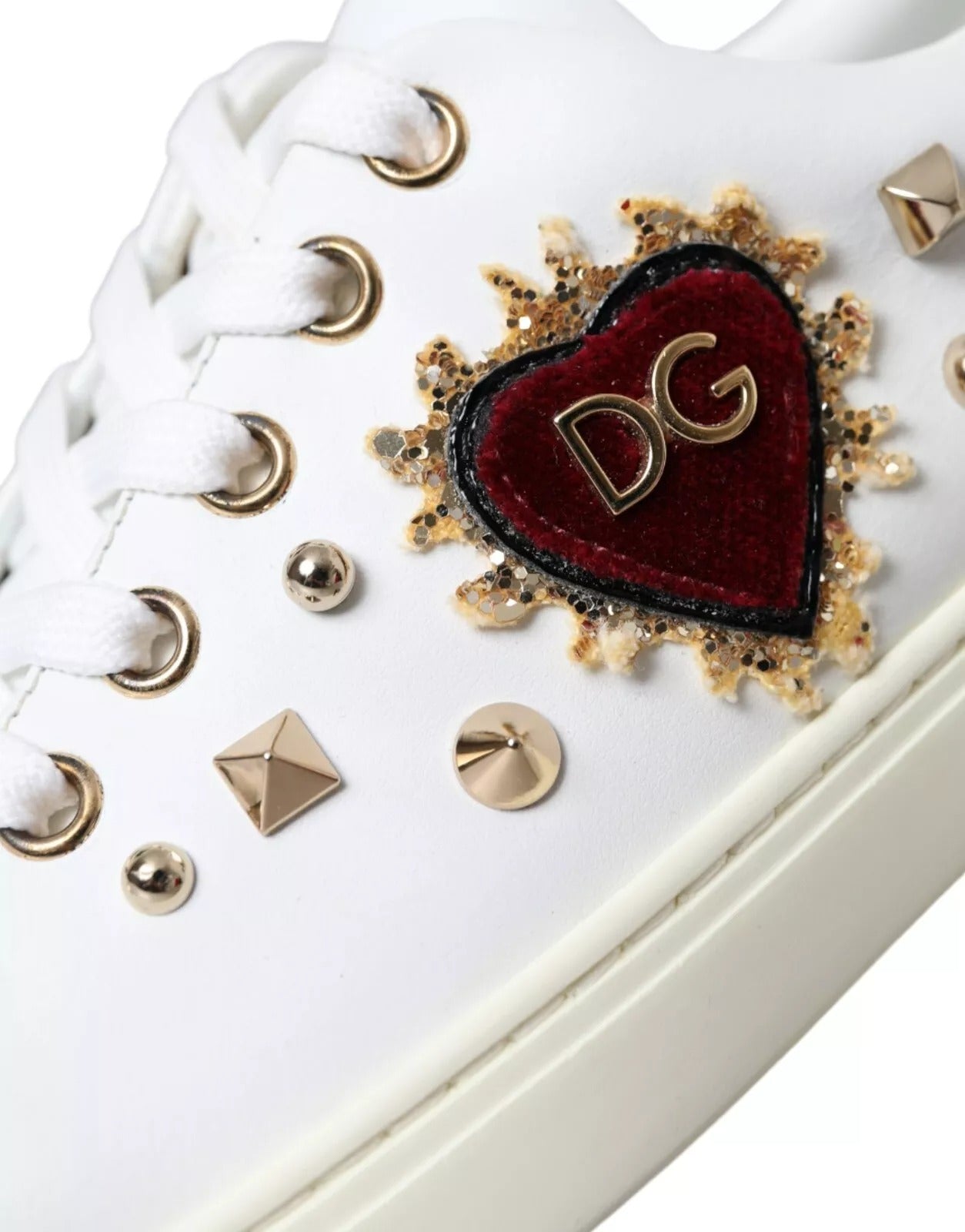 White Leather Gold Red Heart Sneakers Shoes