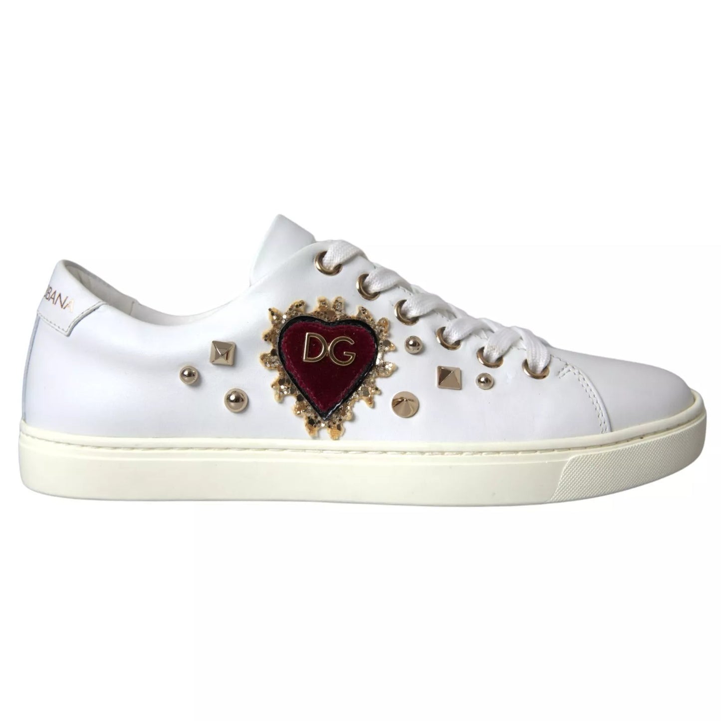White Leather Gold Red Heart Sneakers Shoes