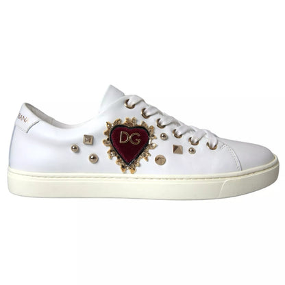 White Leather Gold Red Heart Sneakers Shoes
