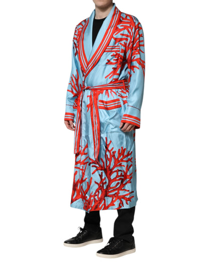 Blue Red Coral Print Wrap Robe Coat Jacket