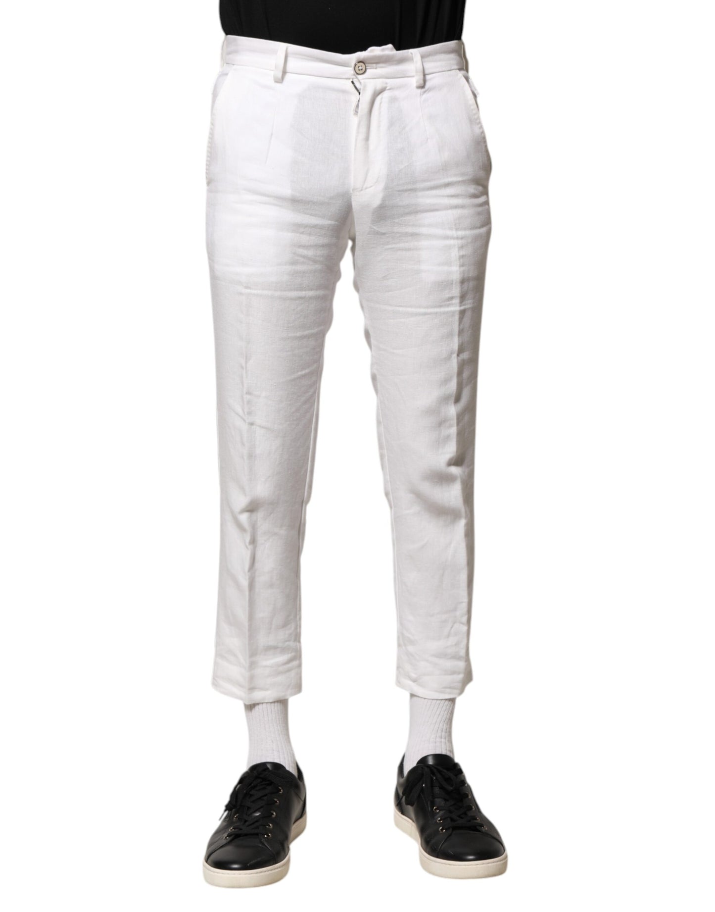 White Linen Mid Waist Cropped Pants
