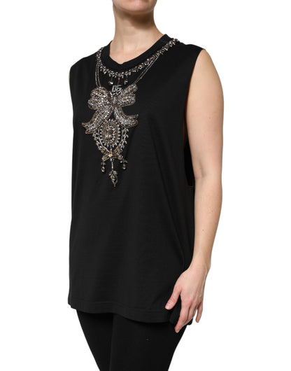 Black Cotton Rhinestone Embellished Tank Top