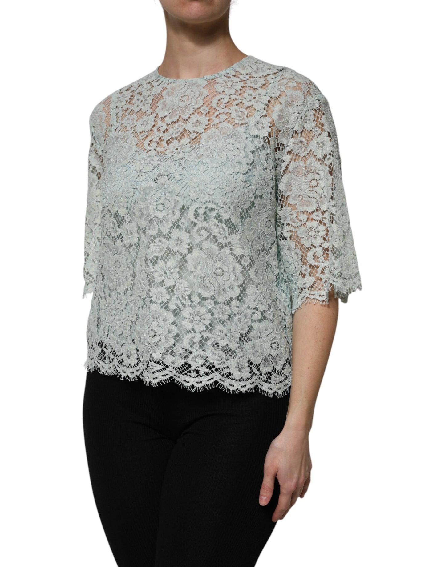 Mint Green Floral Lace Cotton Blouse Top