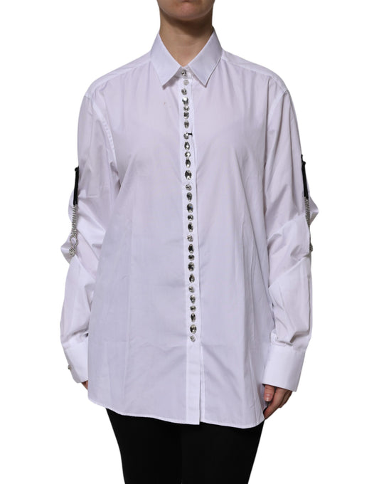 White Rhinestone Embellish Long Sleeves Top