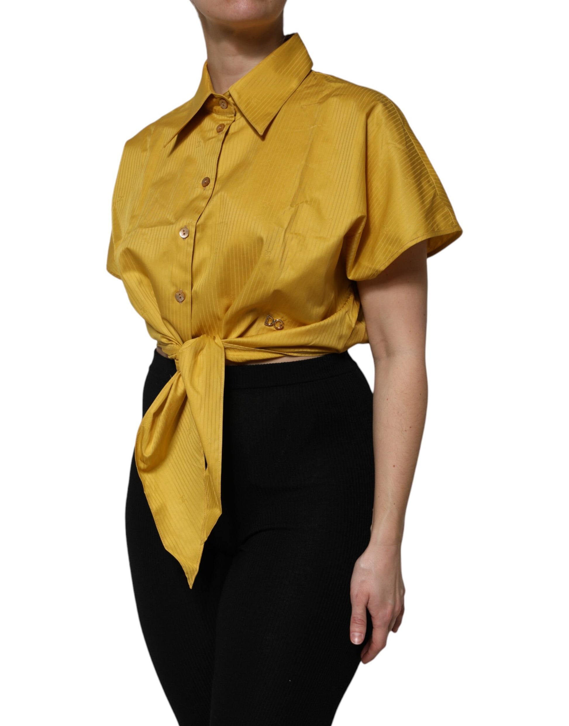 Mustard Collared Short Sleeves Blouse Top