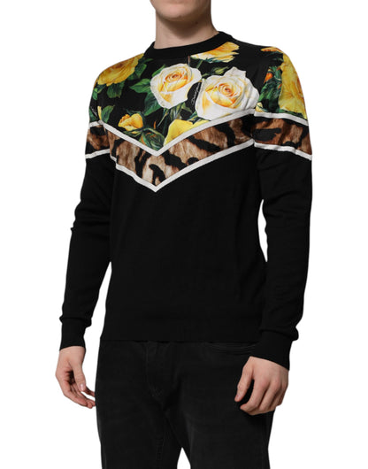 Black Silk Floral Crew Neck Pullover Sweater