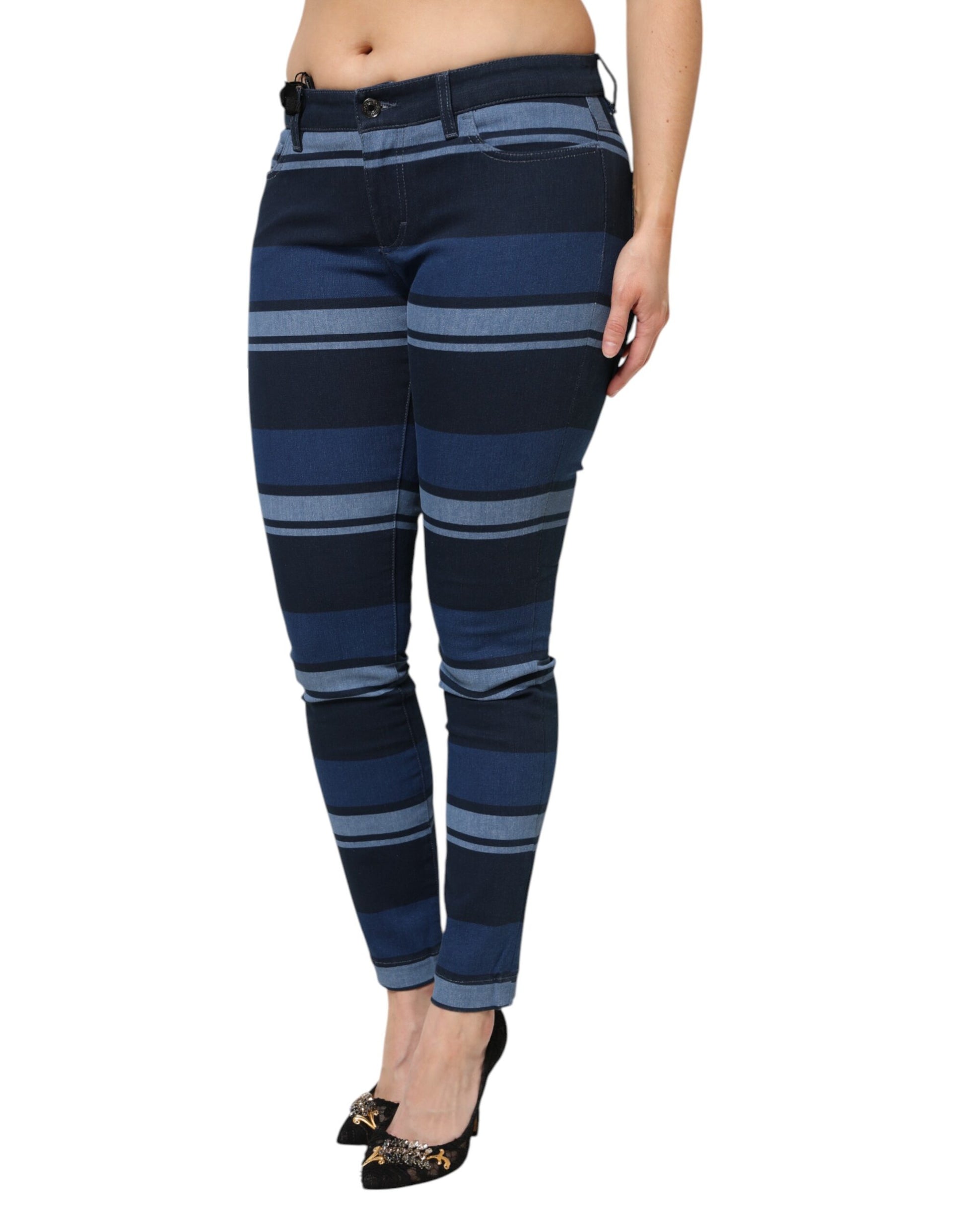 Blue Striped Cotton Stretch Denim Jeans