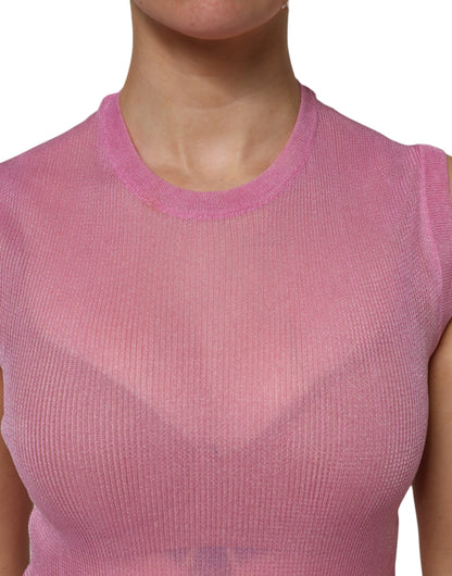 Pink Polyester Sleeveless Round Neck Tank Top