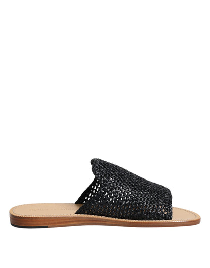 Black Monochrome Braided Raffia Slides Shoes
