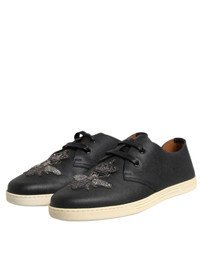 Black Leather Bee Crown Low Top Sneakers Shoes