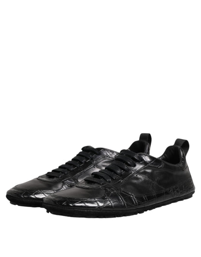 Black Exotic Leather Low Top Sneakers Shoes