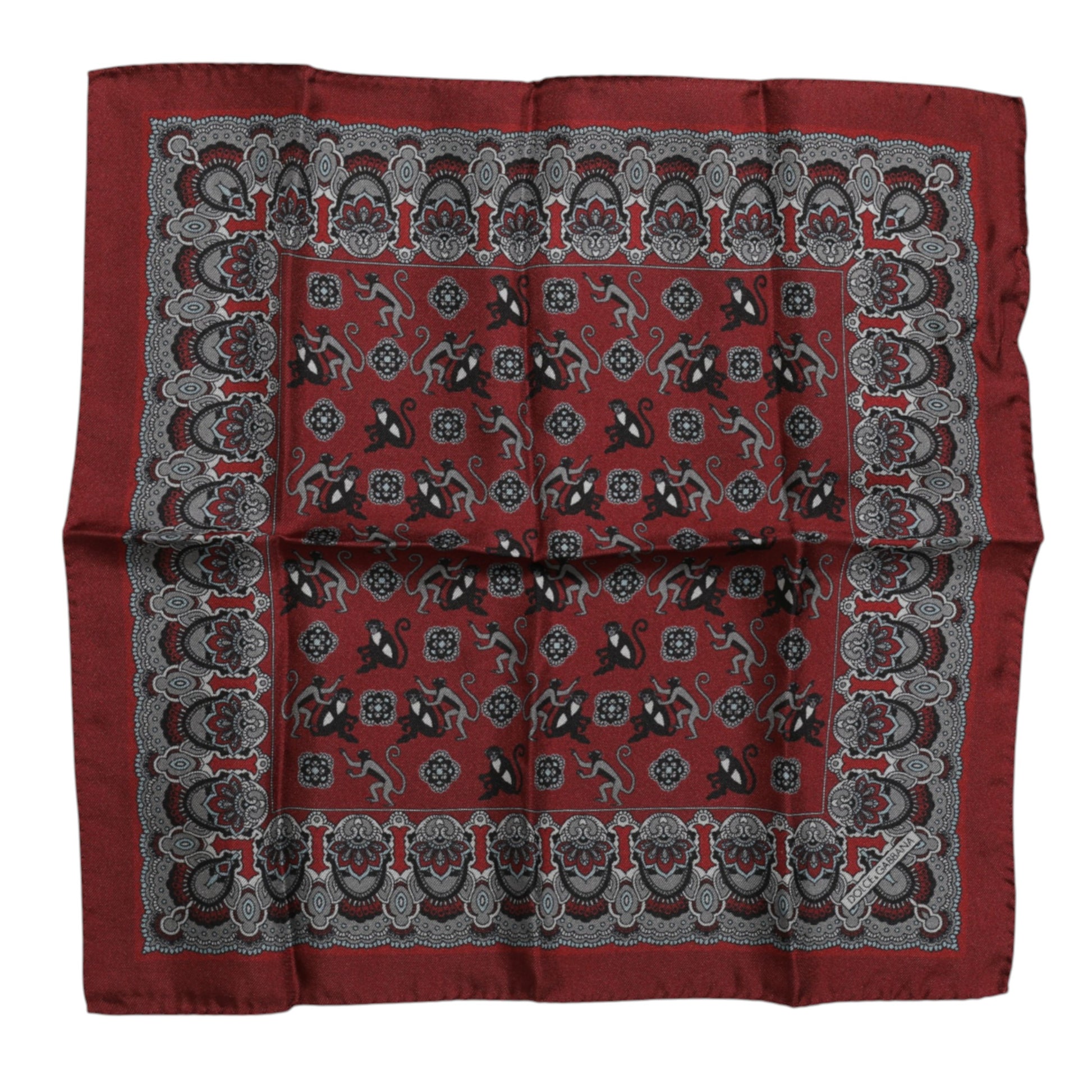 Maroon Monkey Print Silk Square Foulard Scarf