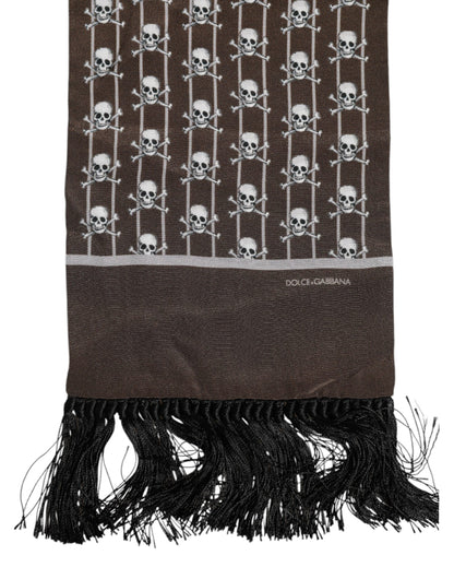 Brown Skulls Print Fringes Men Foulard Scarf