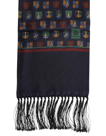 Blue Silk Printed Fringes Foulard Scarf