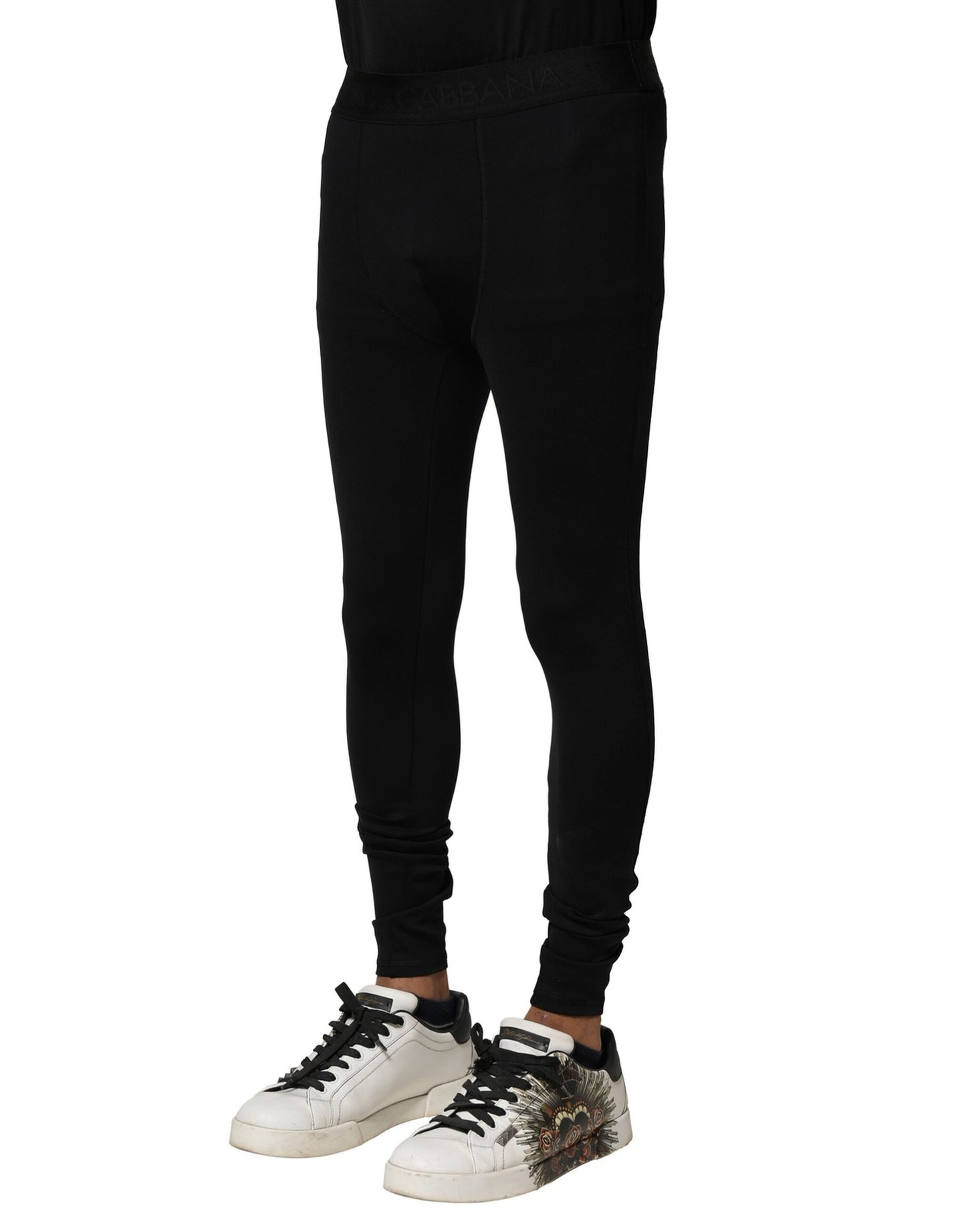 Black Nylon Elastic Logo Men Leggings Pants