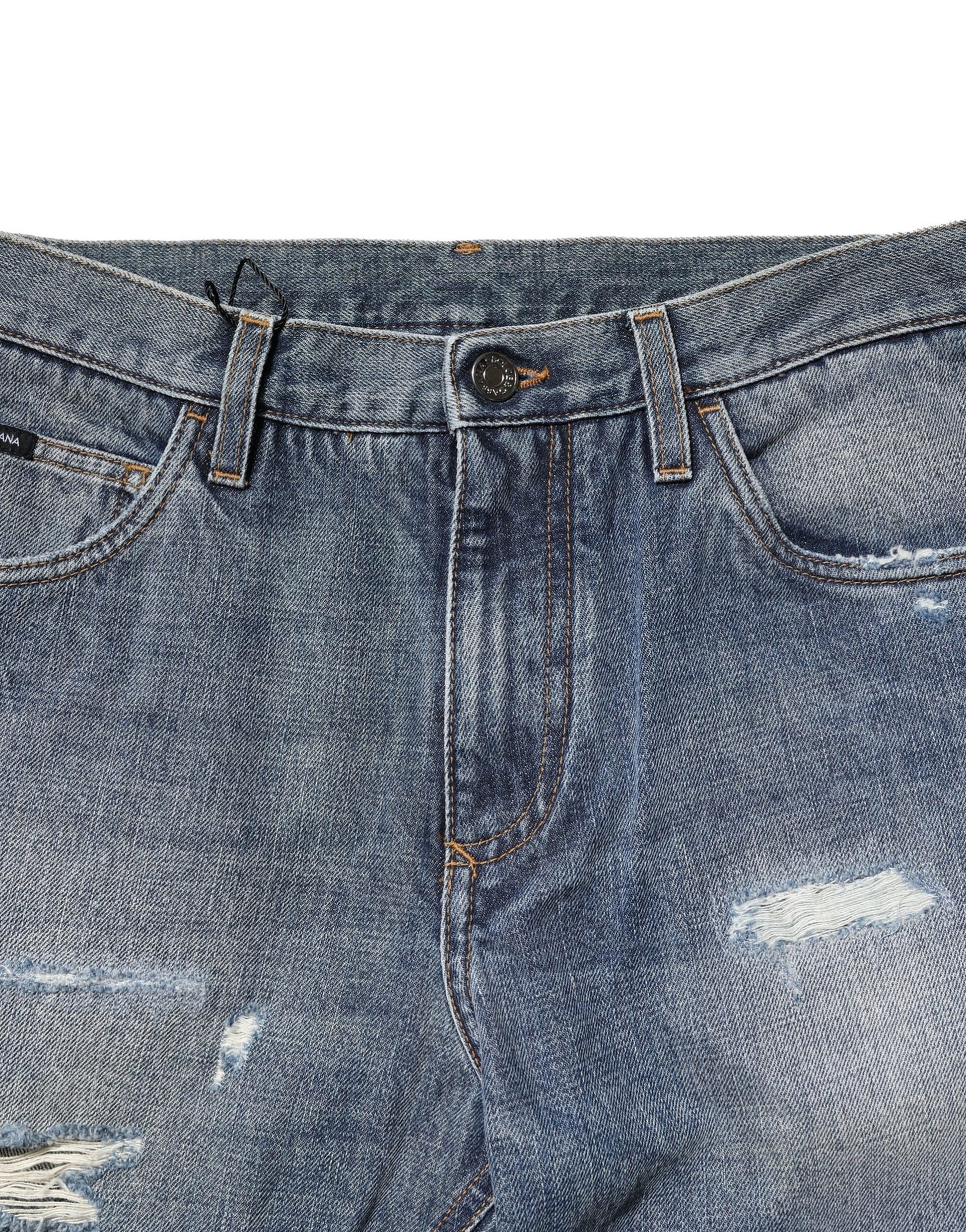 Blue Washed Tattered Straight Fit Denim Jeans