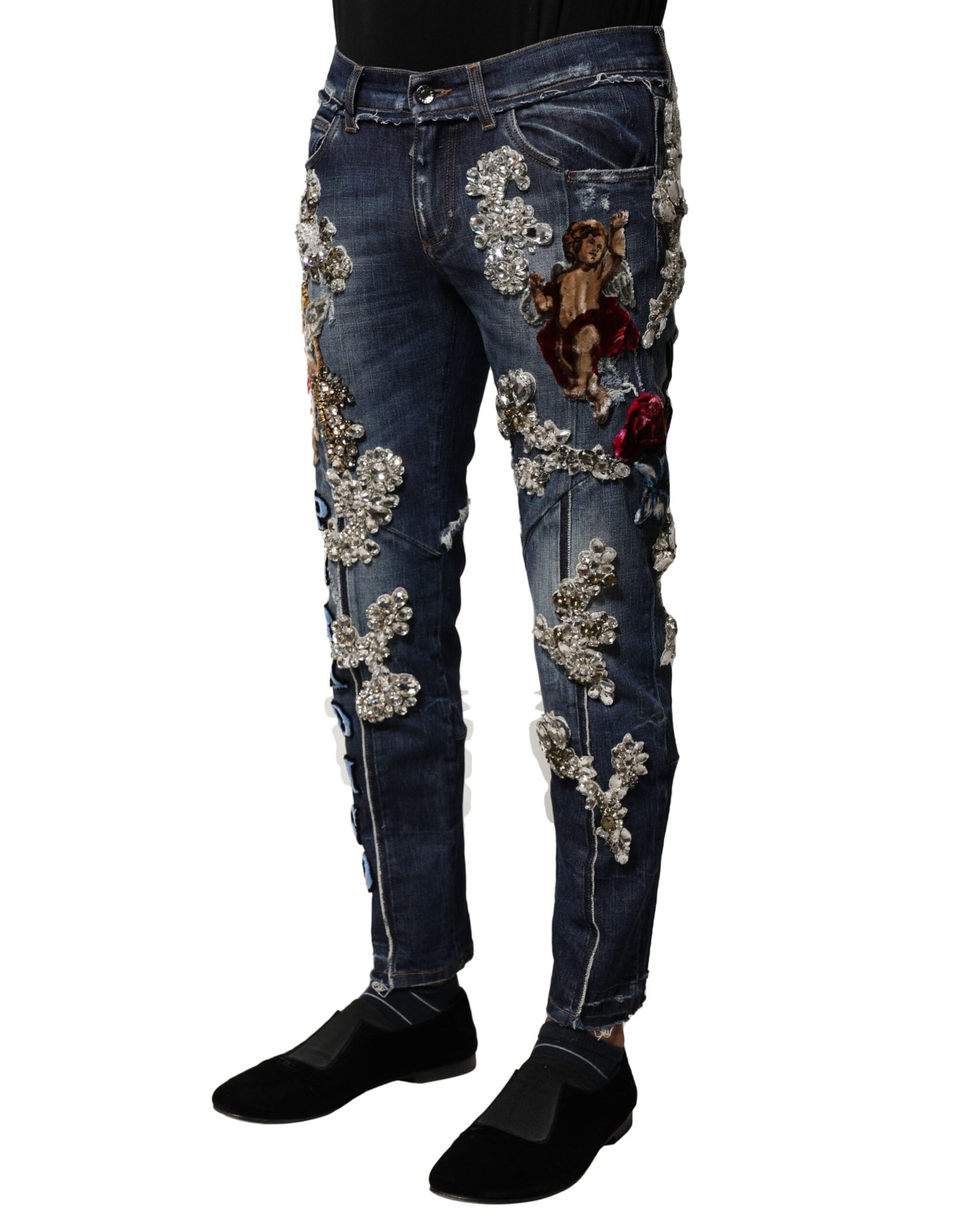 Blue Cotton Rhinestone Embellish Denim Jeans