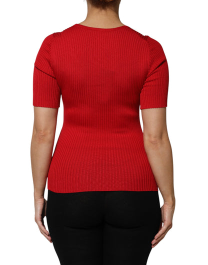 Red Round Neck Short Sleeves Pullover Top