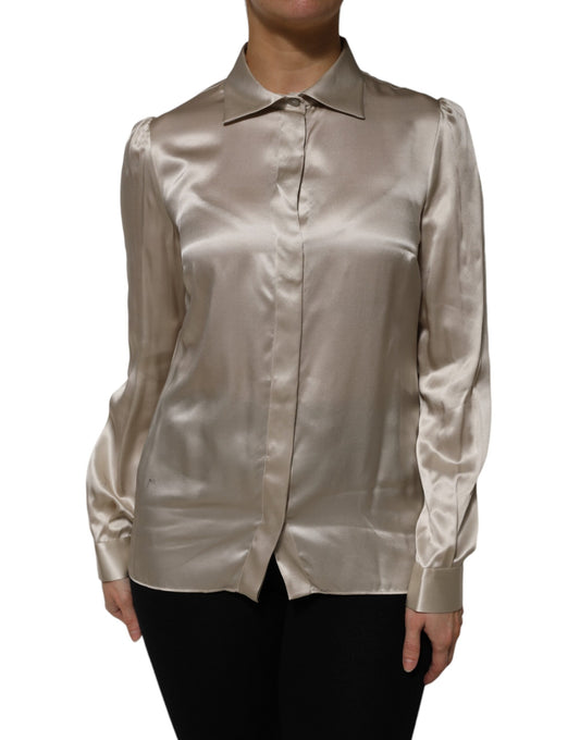 Beige Satin Silk Collared Long Sleeves Top