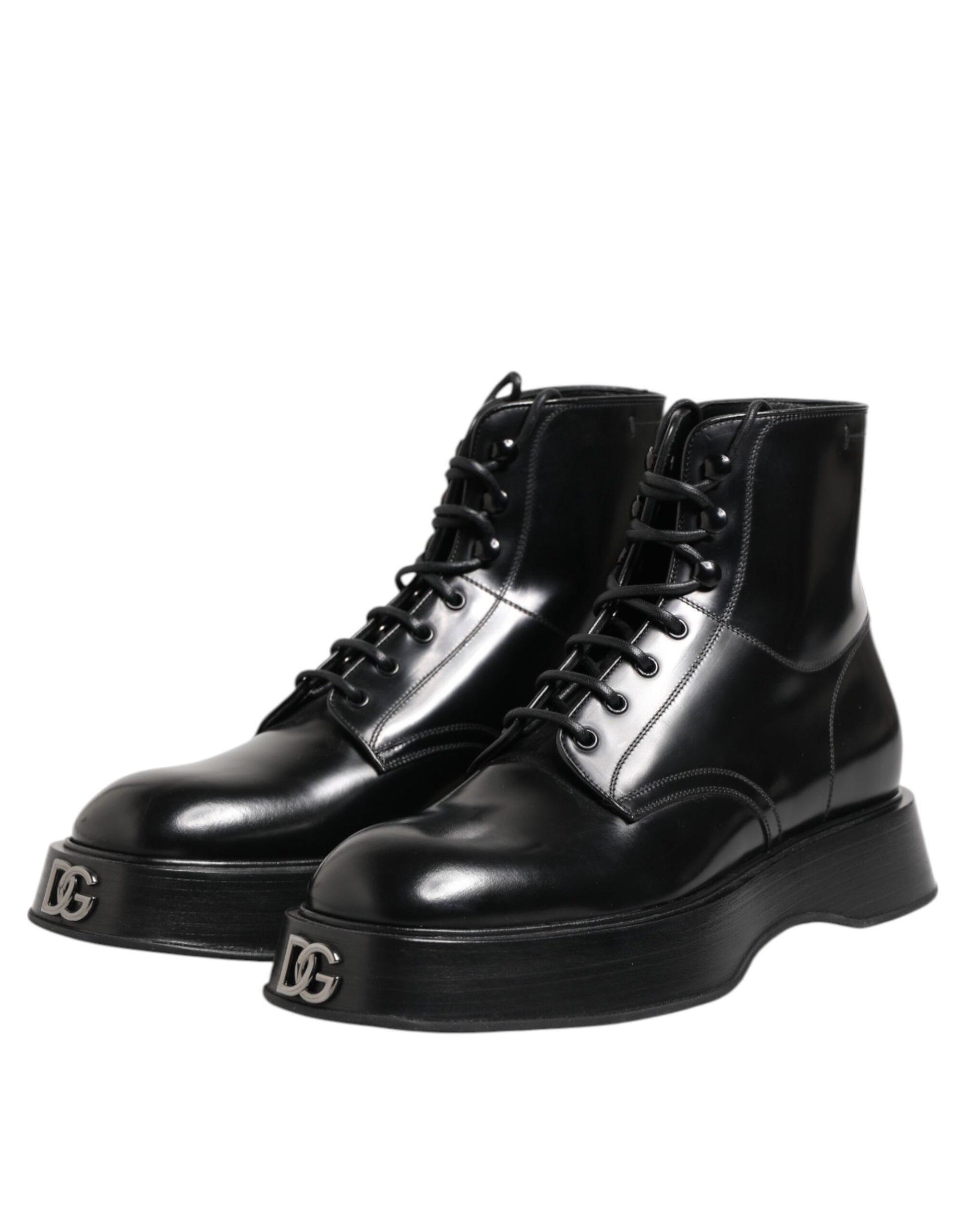 Black Leather Logo Ankle Boots Lace Up Shoes