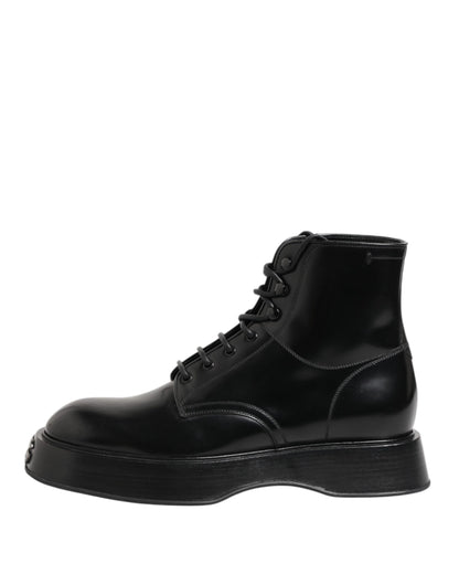 Black Leather Logo Ankle Boots Lace Up Shoes