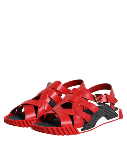 Red Black Leather Ankle Strap Sandals Shoes