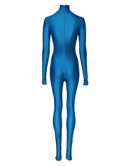 Blue Nylon Turtleneck Bodycon Jumpsuit Dress