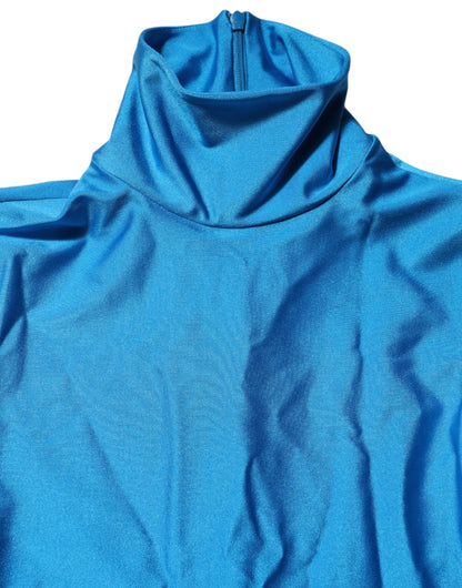 Blue Nylon Turtleneck Bodycon Jumpsuit Dress