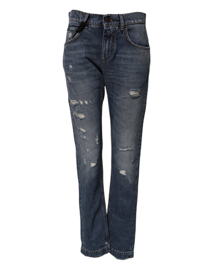 Blue Cotton Tattered Boyfriend Denim Jeans