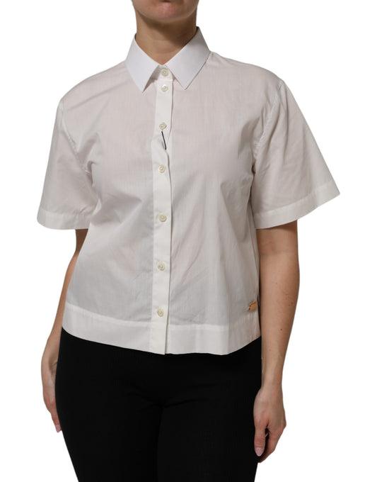 White Cotton Short Sleeves Collared Top Shirt