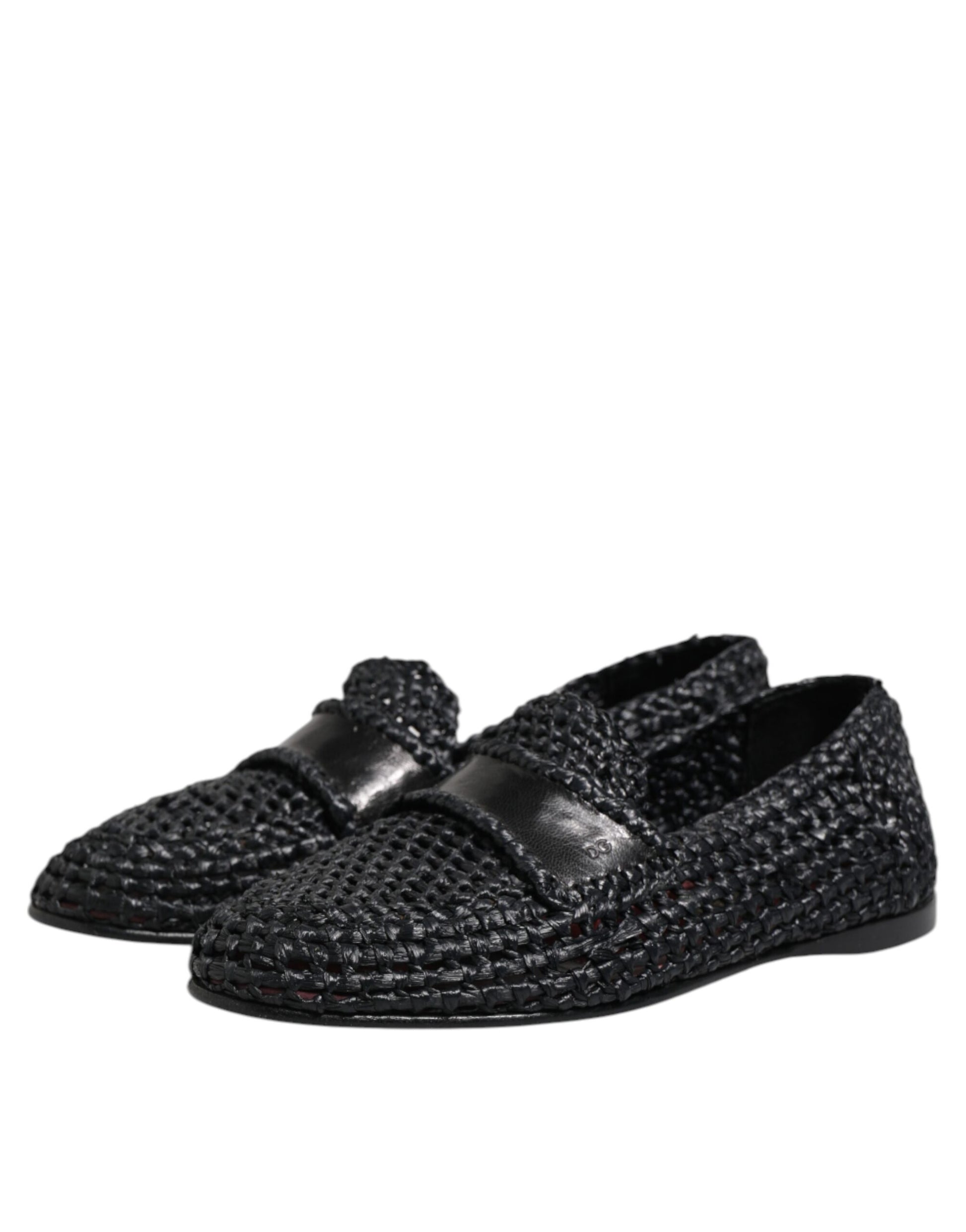 Black Woven Leather Slip On Loafers Men Shoes