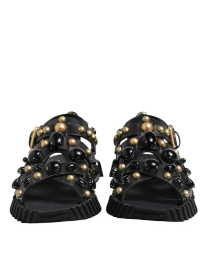 Black Leather Studded Ankle Strap Sandals Shoes
