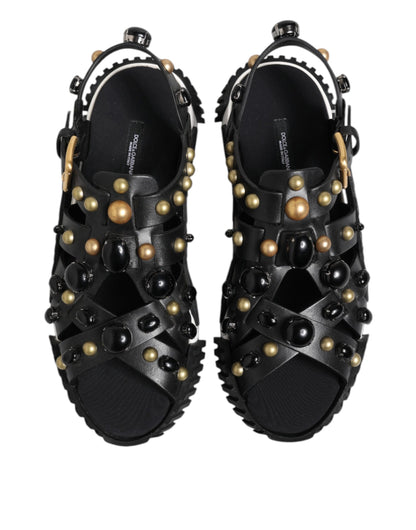 Black Leather Studded Ankle Strap Sandals Shoes