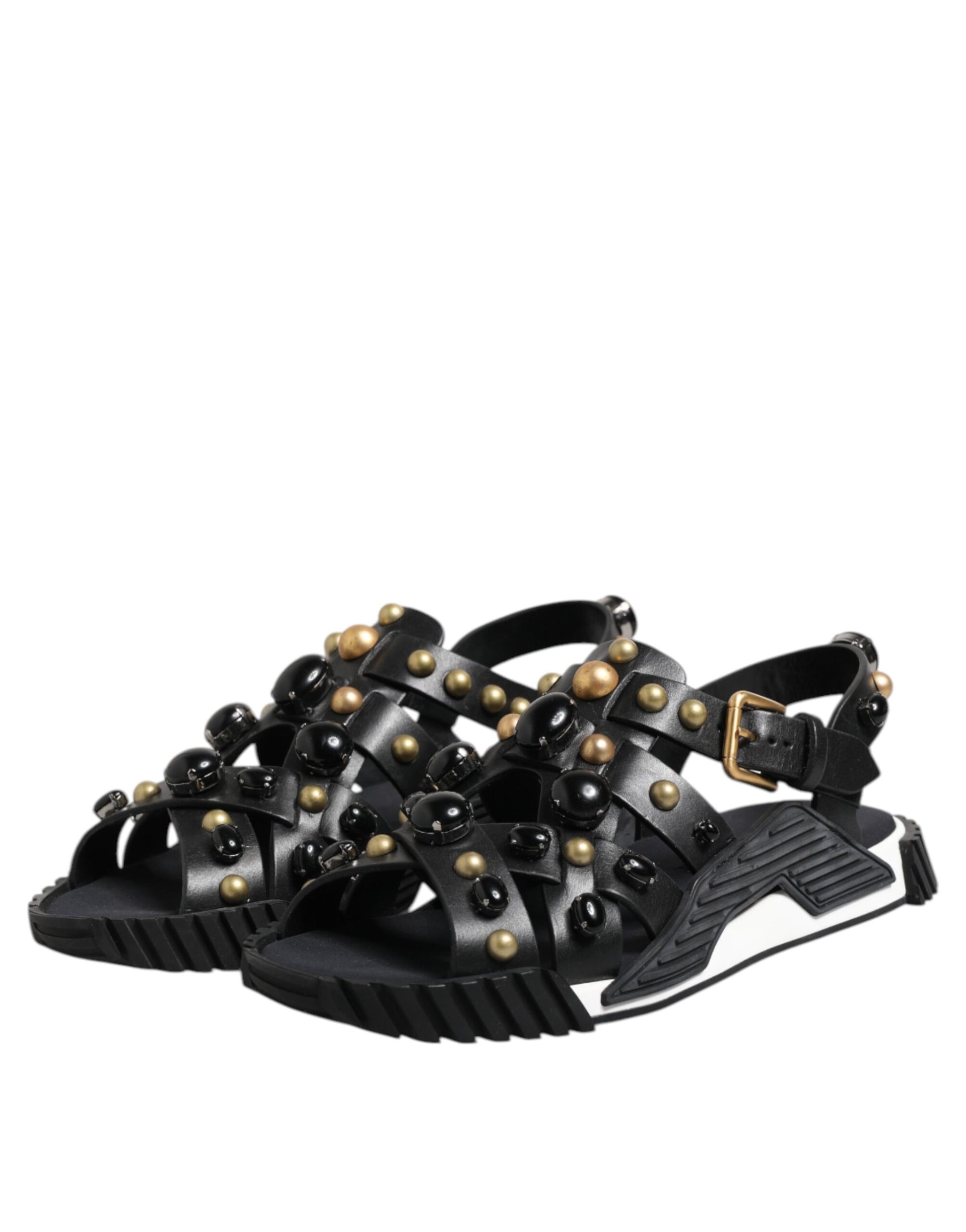 Black Leather Studded Ankle Strap Sandals Shoes