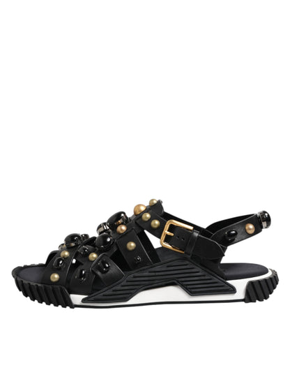 Black Leather Studded Ankle Strap Sandals Shoes