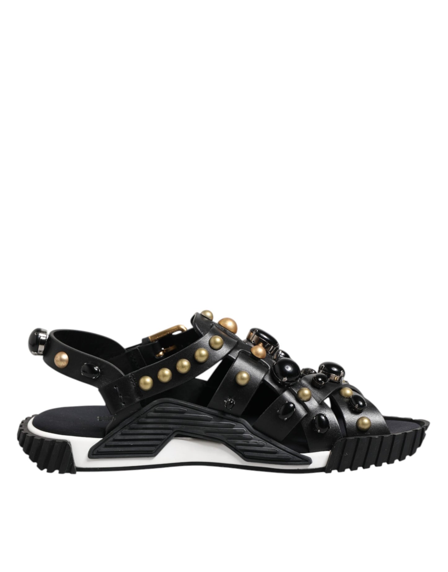 Black Leather Studded Ankle Strap Sandals Shoes