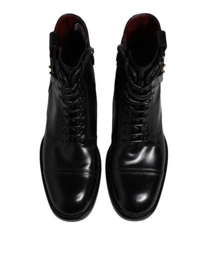 Black Leather Mid Calf Boots Lace Up Shoes