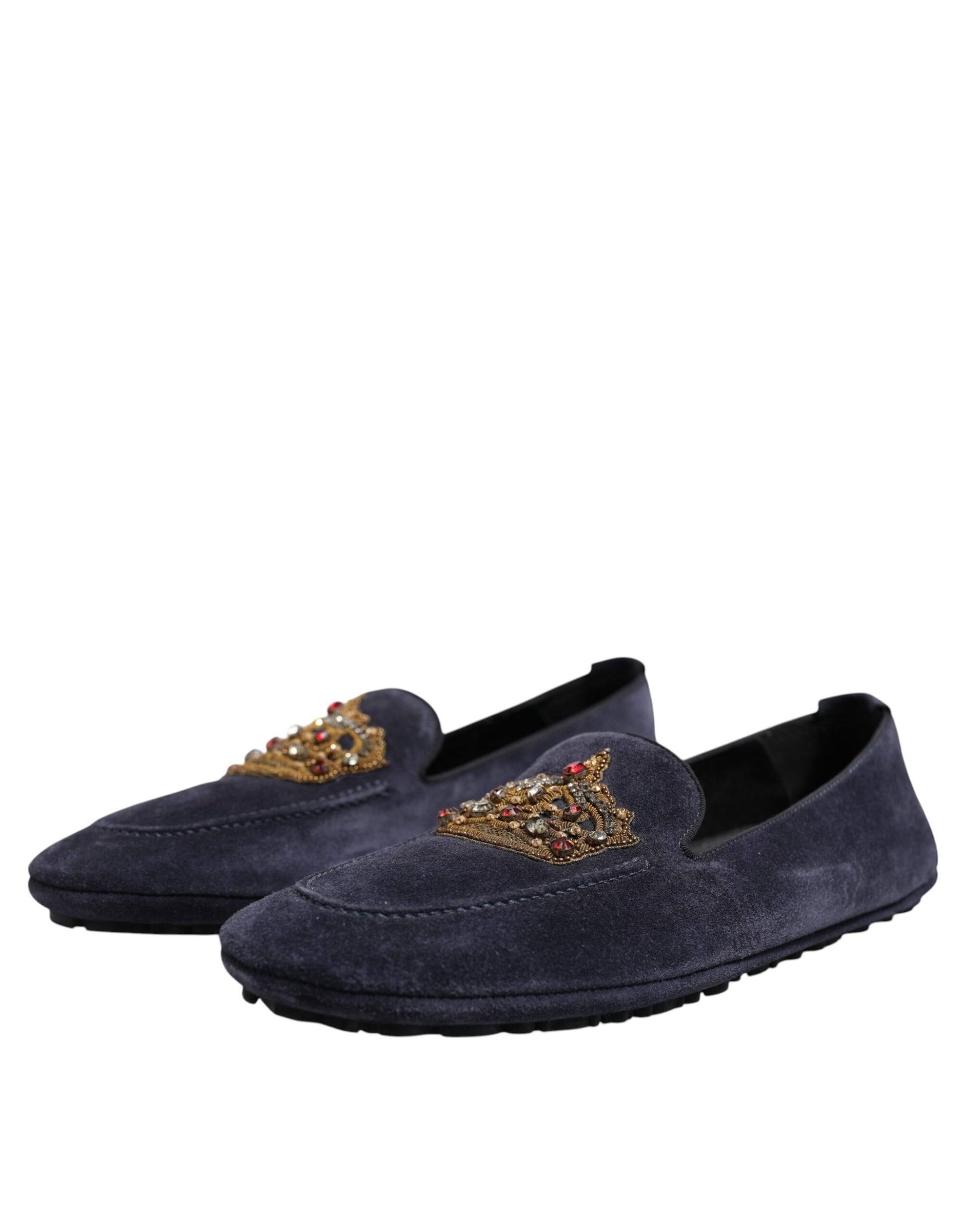 Blue Suede Crown Crystal Loafers Dress Shoes