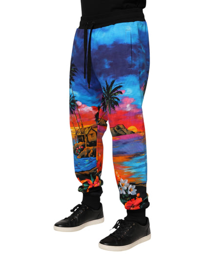 Blue Hawaiian Print Jogger Sweatpants Pants