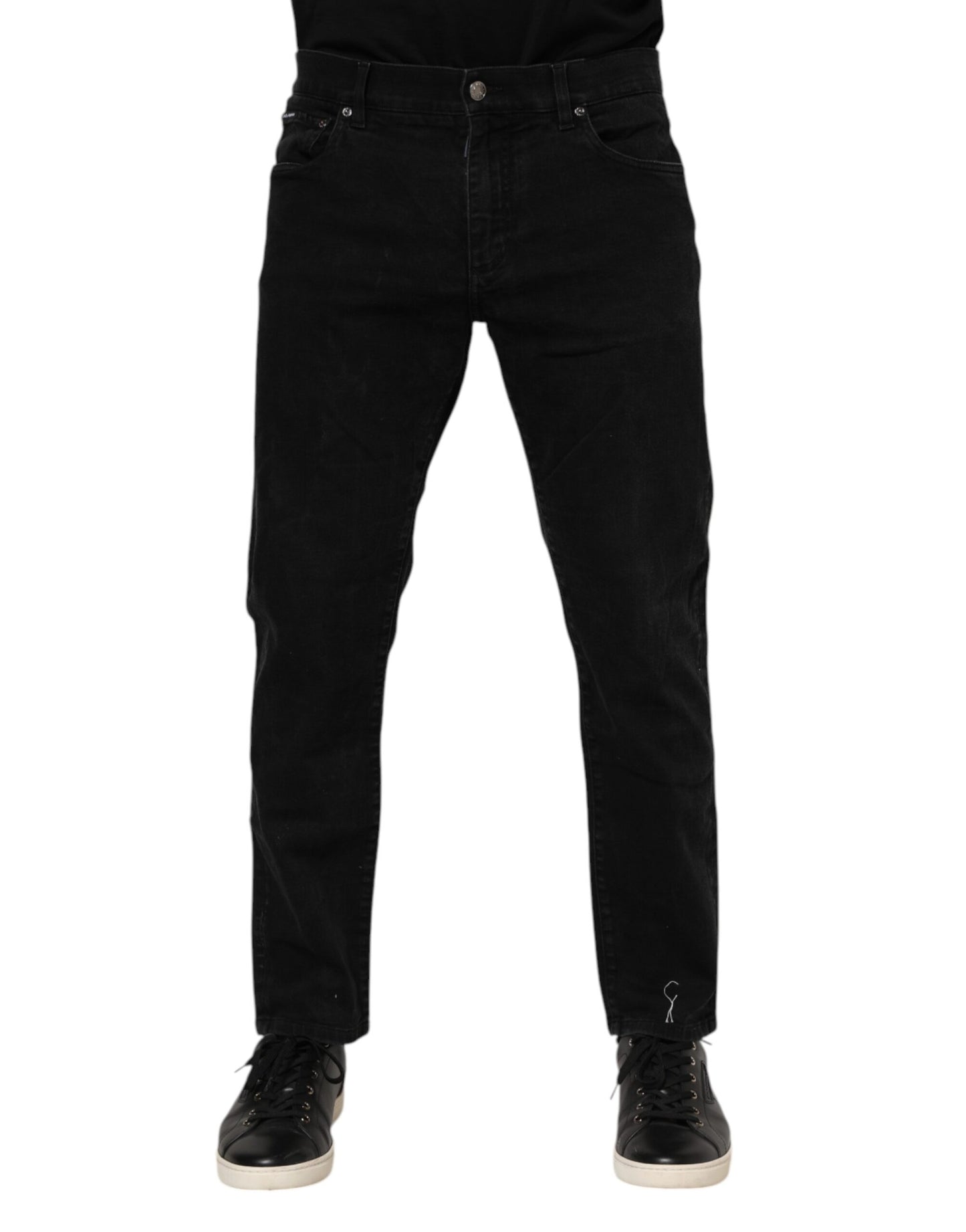 Black Cotton Logo Plaque Slim Fit Denim Jeans
