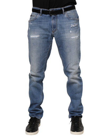 Blue Washed Tattered Logo Plaque Denim Jeans