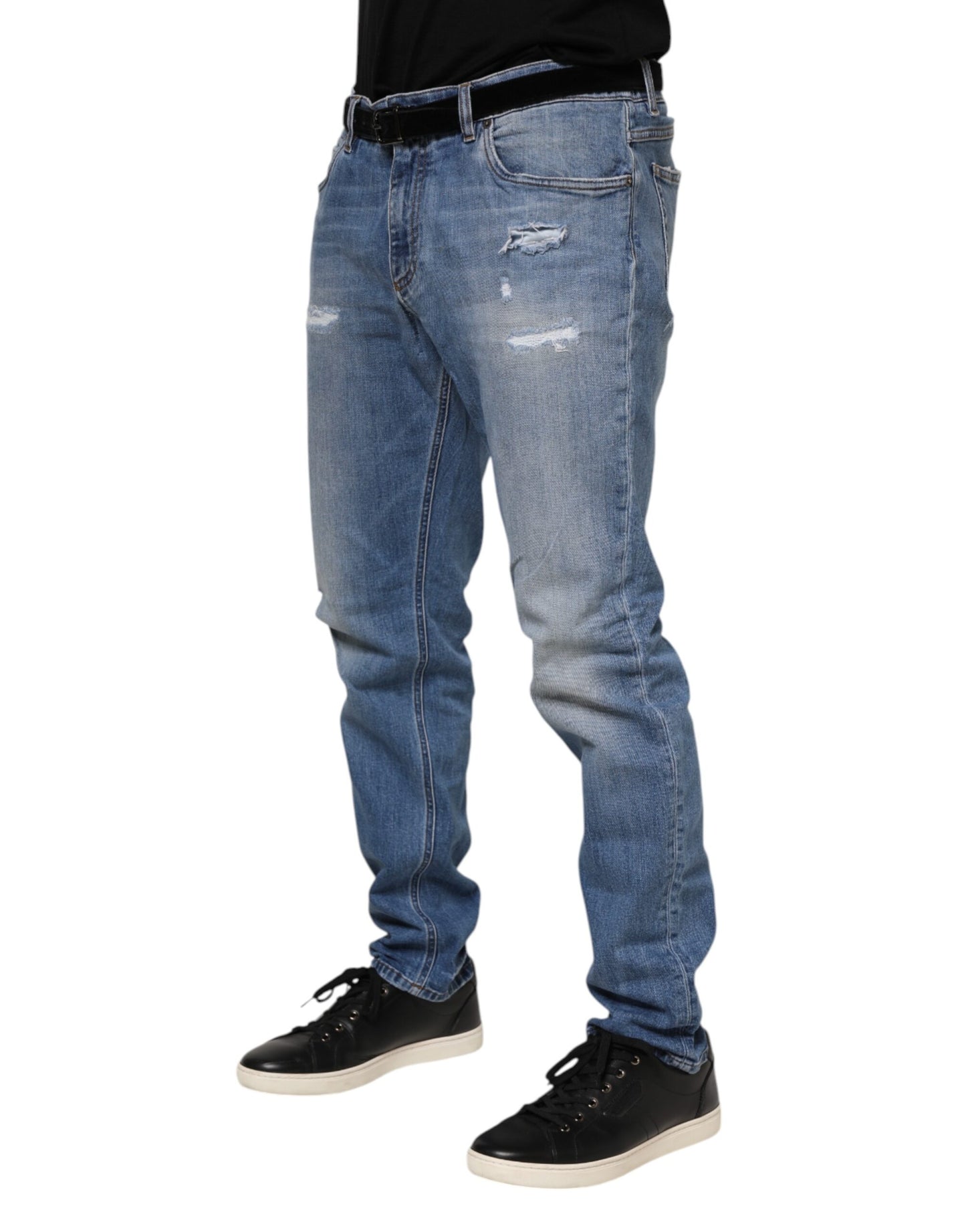 Blue Washed Tattered Logo Plaque Denim Jeans