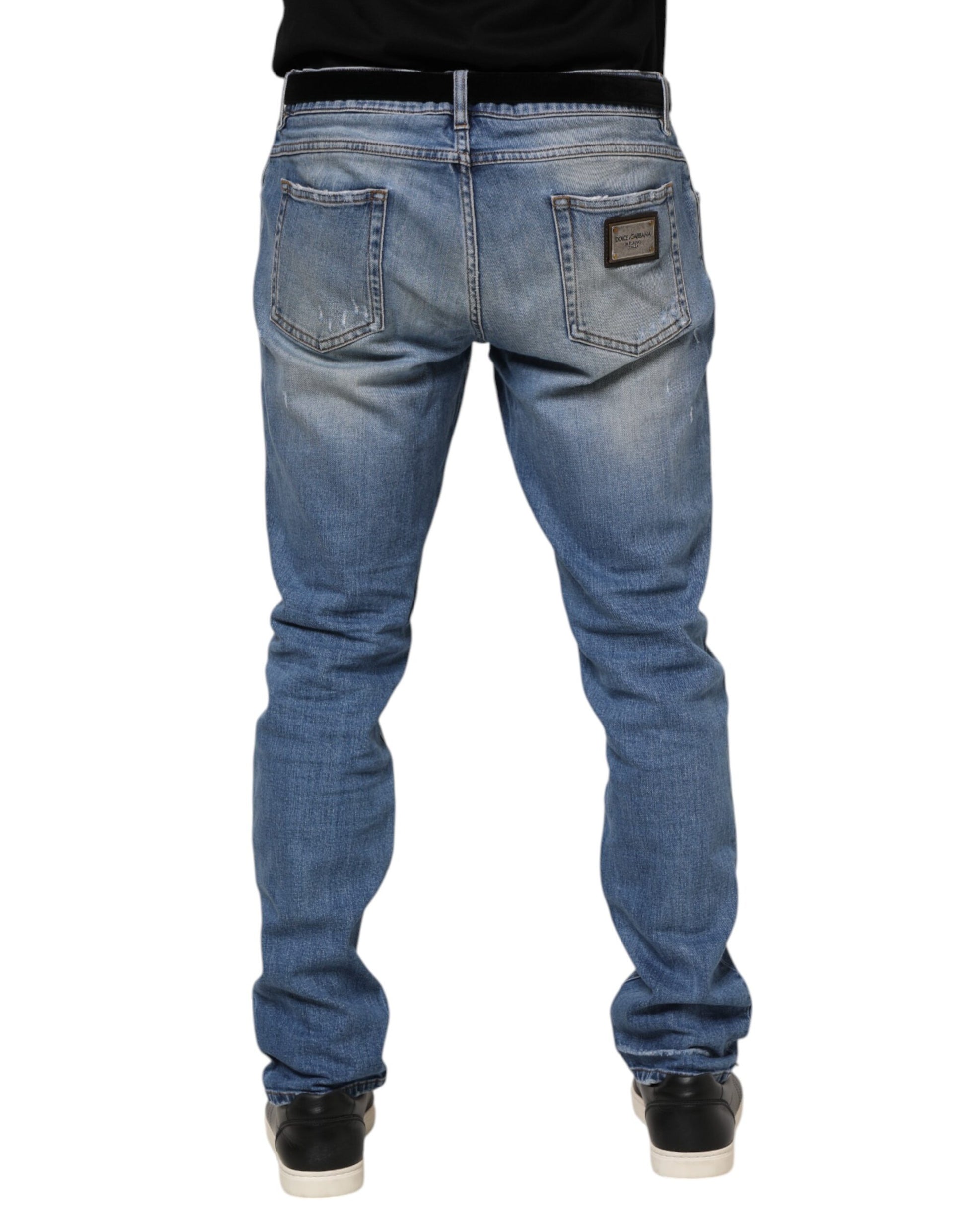 Blue Washed Tattered Logo Plaque Denim Jeans