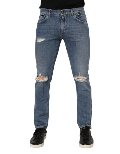 Blue Cotton Tattered Skinny Logo Denim Jeans