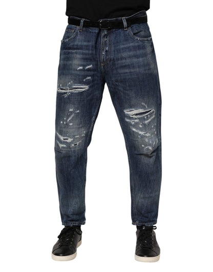 Blue Cotton Tattered Tapered Men Denim Jeans