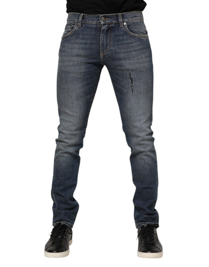 Blue Washed Skinny Logo Plaque Men Denim Jeans