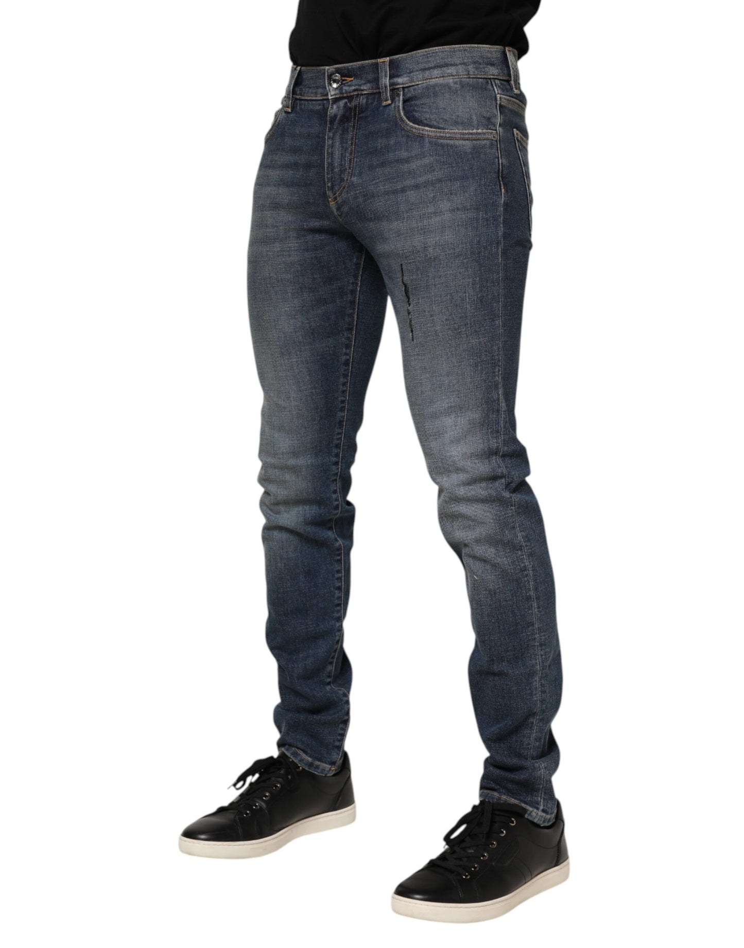 Blue Washed Skinny Logo Plaque Men Denim Jeans
